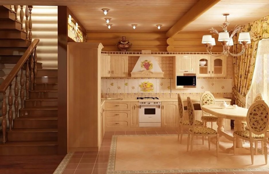Гостиная совмещенная с кухней в деревянном доме