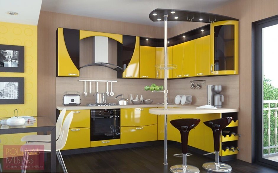 Кухня с барной стойкой желто черная