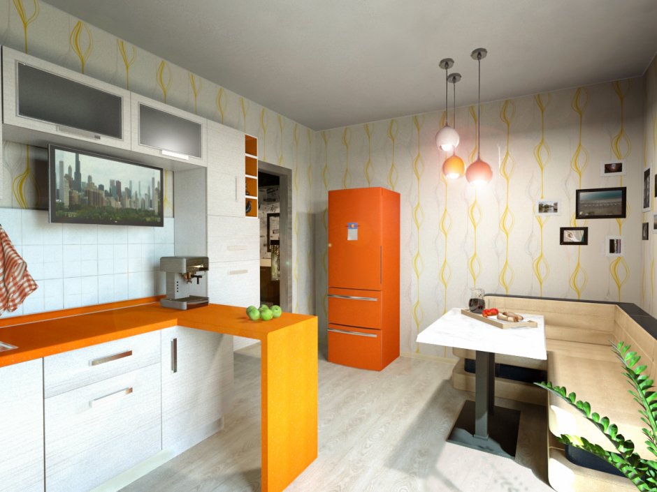 Маленькая квартира студия с оранжевым холодильником дизайн