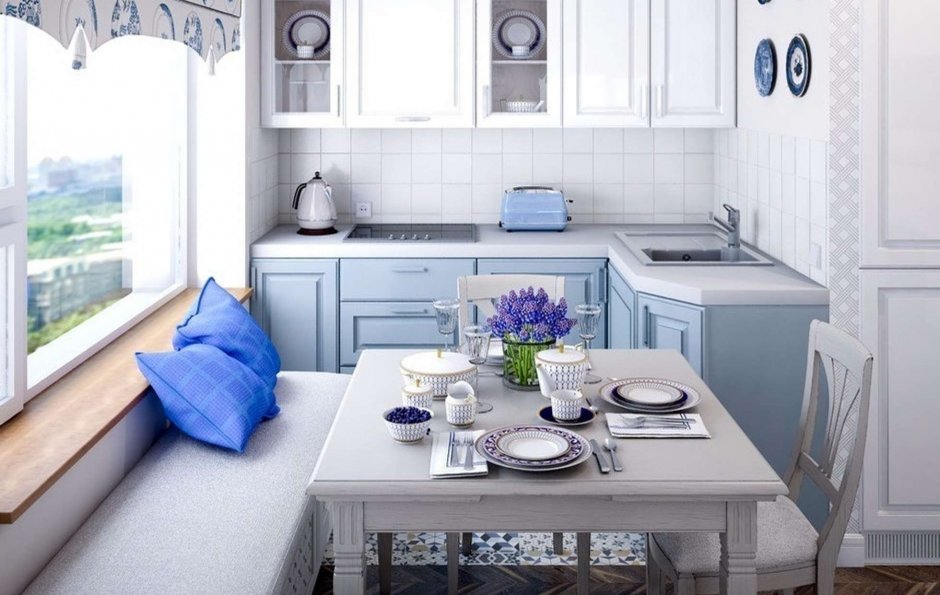 Бело голубая кухня маленькая