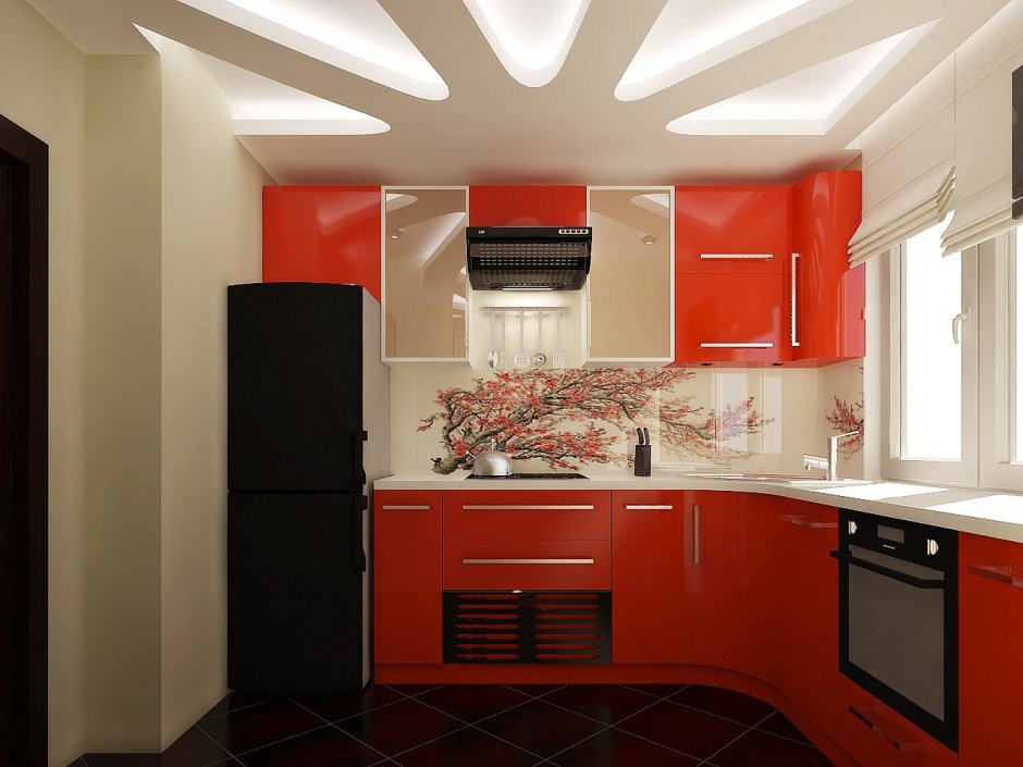 Красная кухня с окном