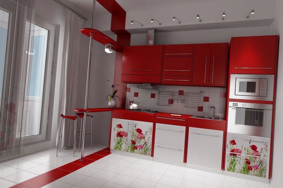 Кухня в бело красных тонах