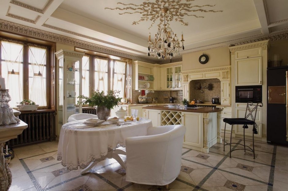 Кухня столовая гостиная в классическом стиле
