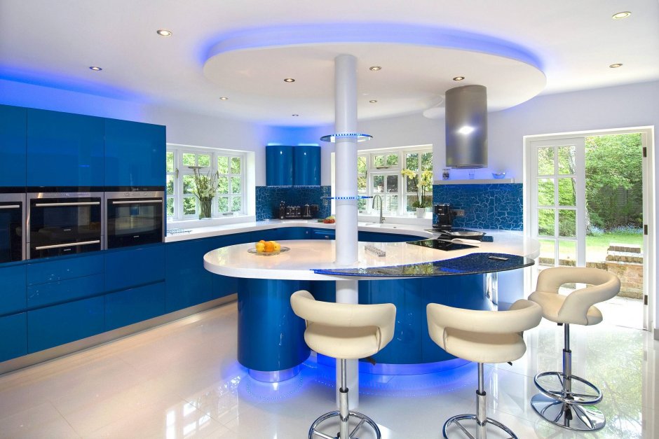 Синяя кухня двухуровневая