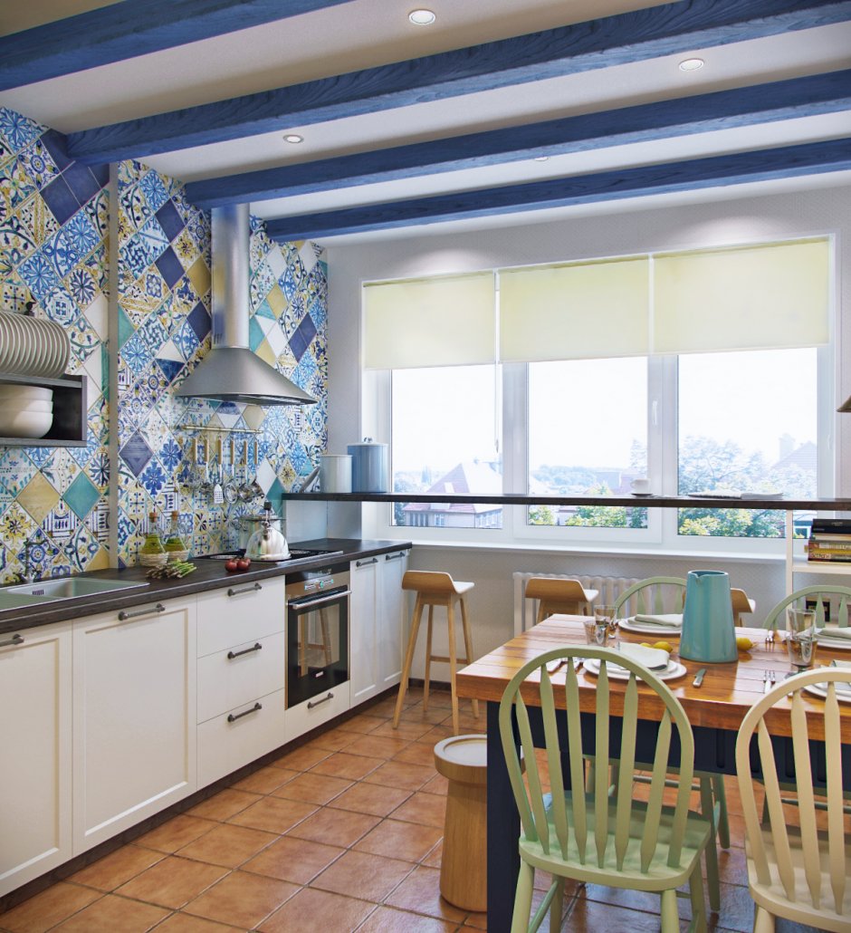 Голубой потолок на кухне