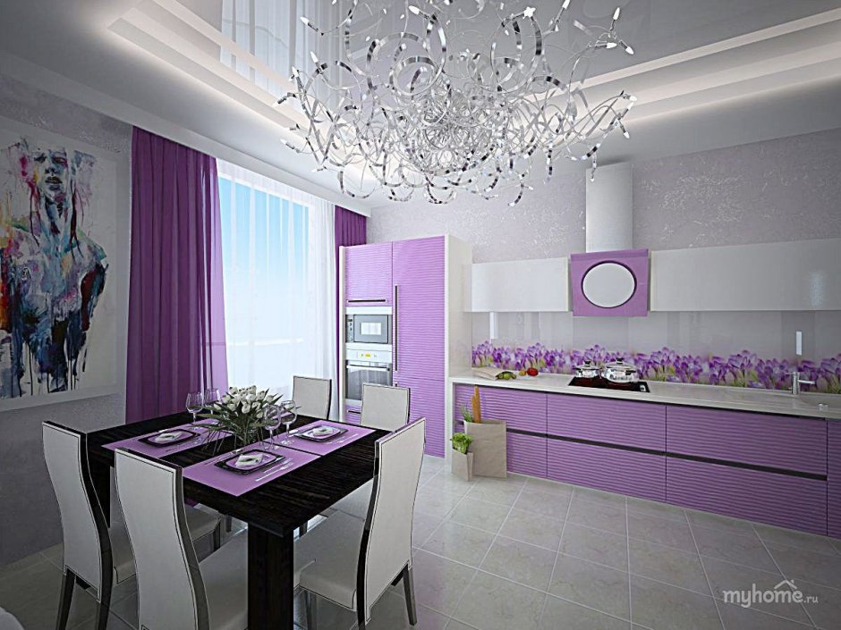 Фиолетовый потолок на кухне
