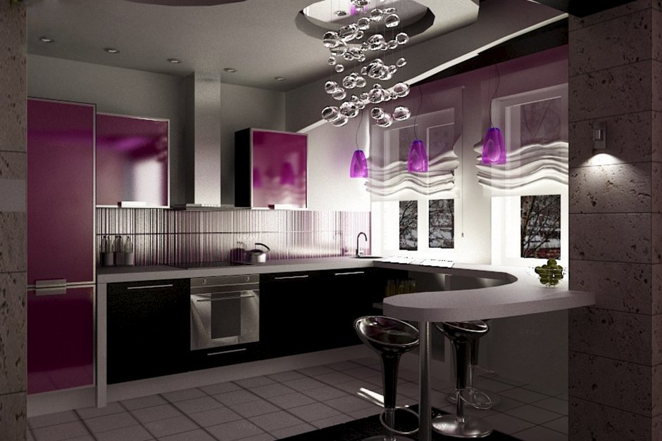 Бело фиолетовая кухня в интерьере