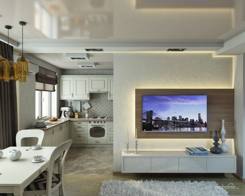 Телевизор между кухней и гостиной