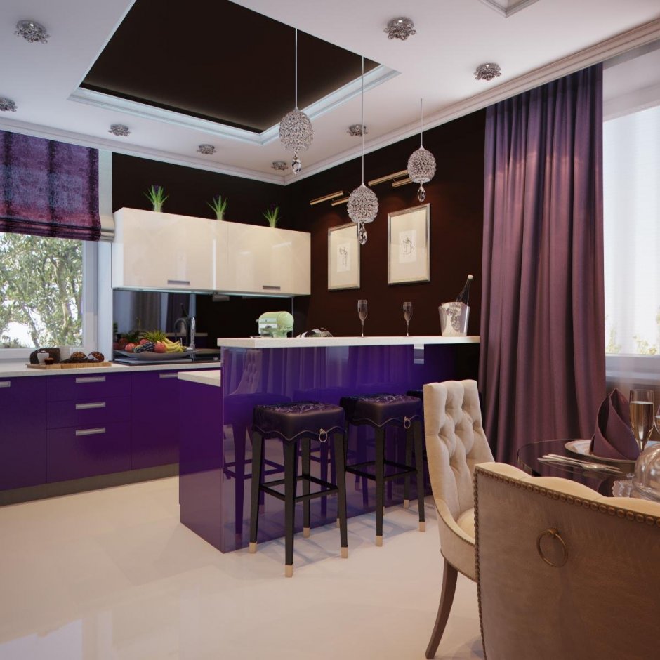 Кухня фиолетовая с коричневым