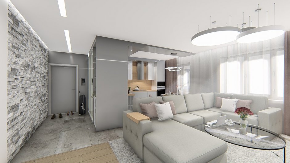 Дизайн комнаты кухня-гостиная в ленпроекте Сургут 2-комнатная боковая