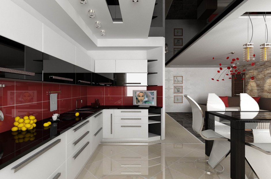 Черно белая кухня с красным фартуком