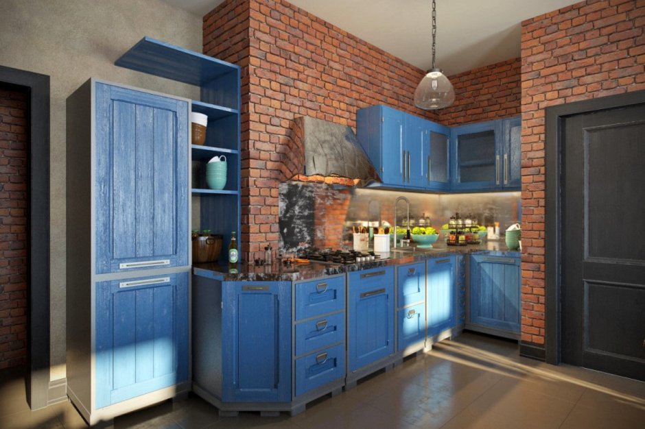 Кухни лофт синего цвета