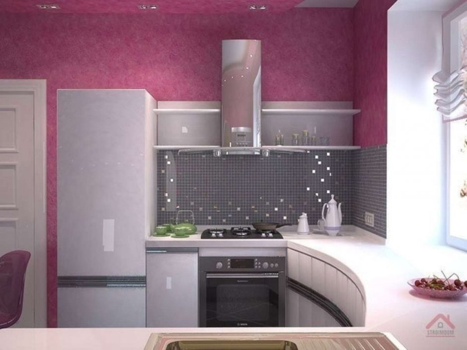 Кухня в серо розовом цвете хрущевка