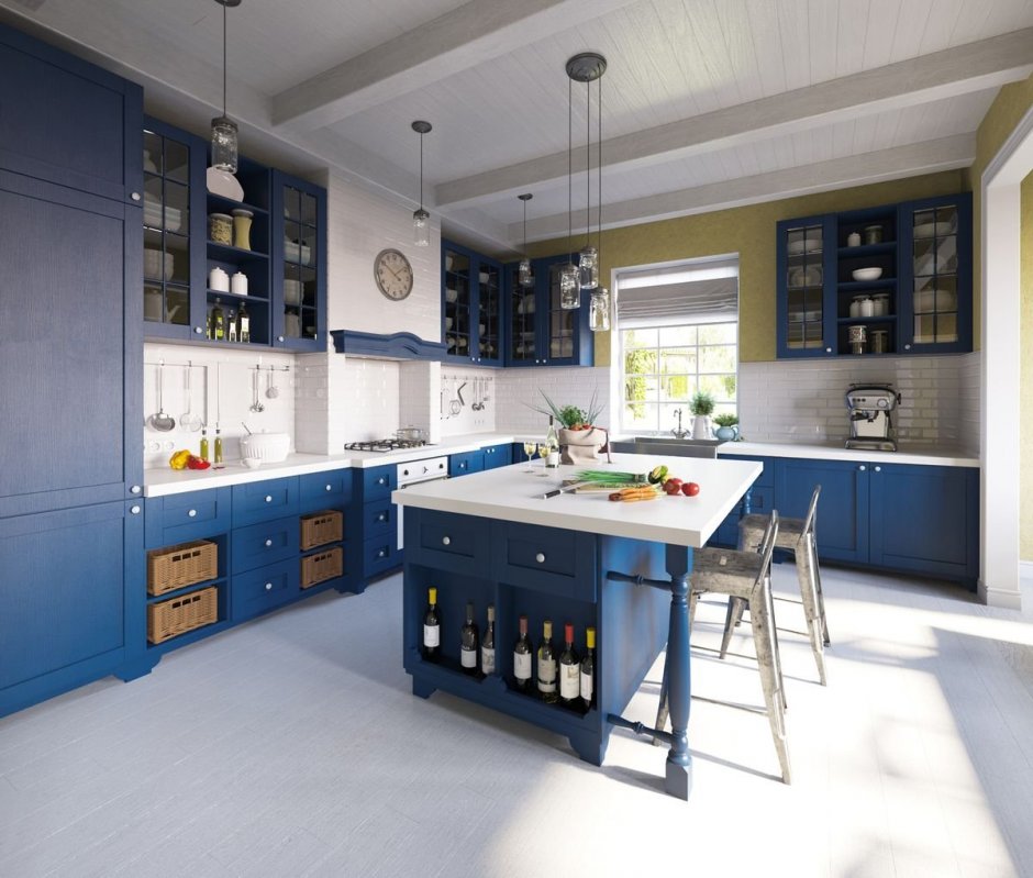 Синяя кухня в частном доме