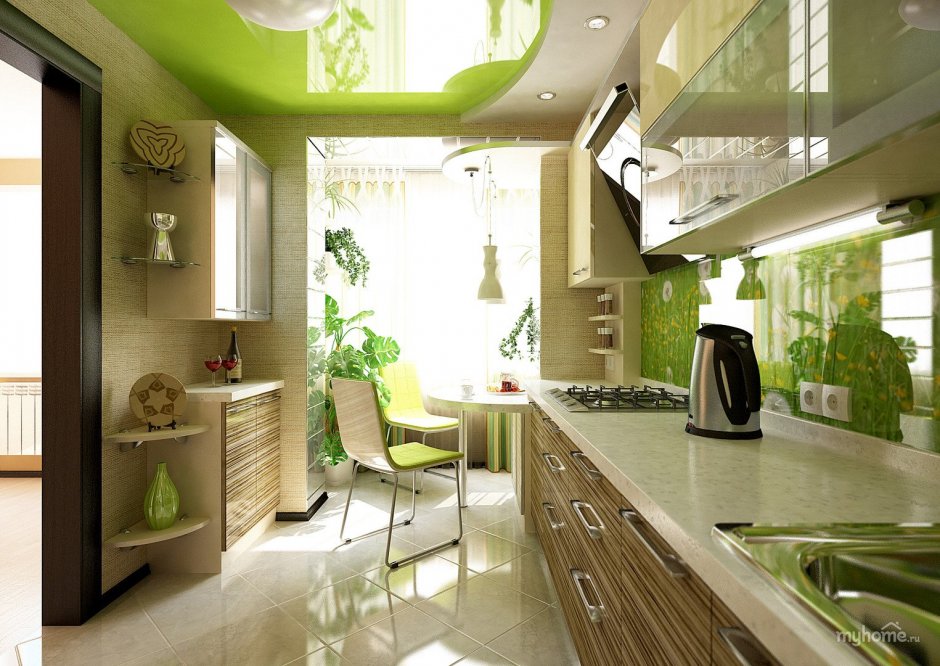 Кухня в бежевом зеленом стиле