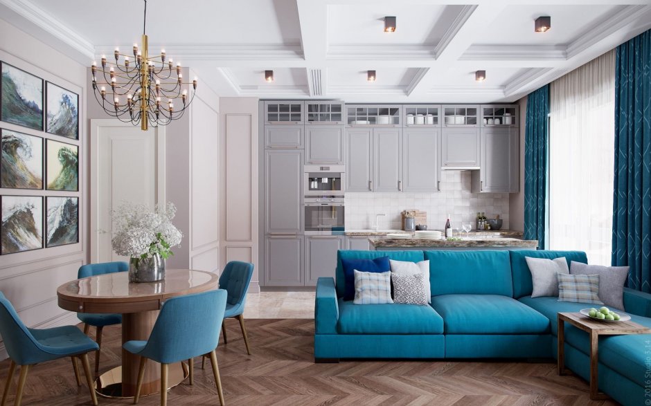Синий диван в интерьере гостиной совмещенной с кухней