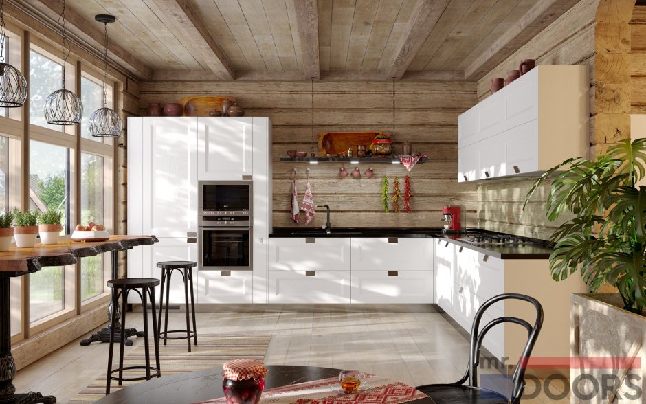 Белый кухонный гарнитур в деревянном доме