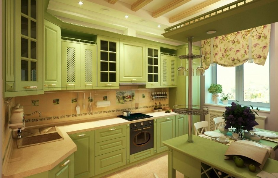 Кухня в стиле Прованс фисташкового цвета