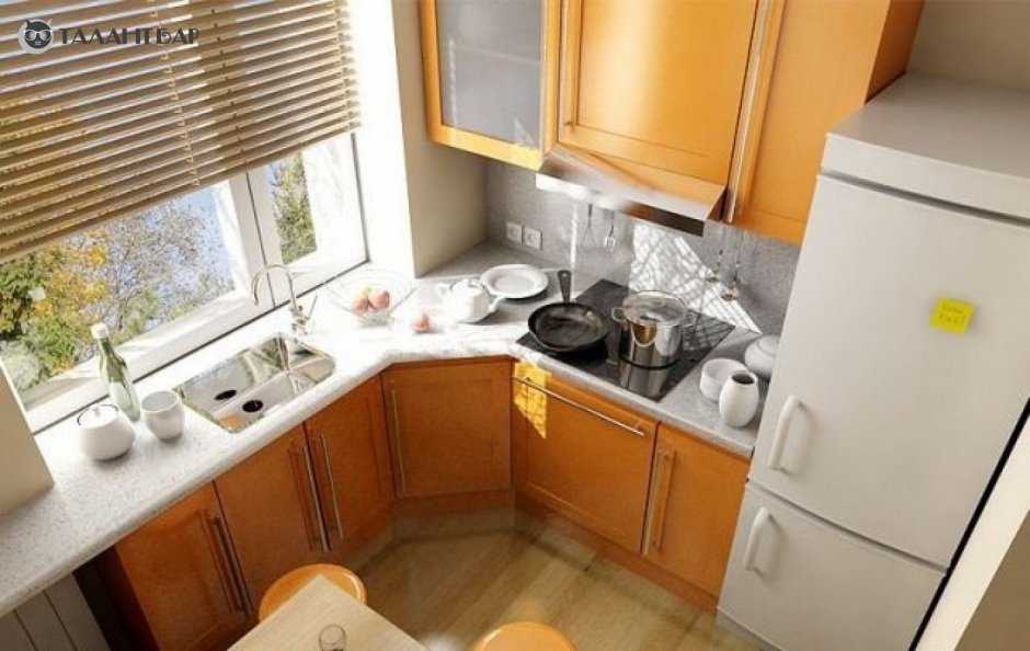 Дизайн обоев маленькой кухни с подоконника