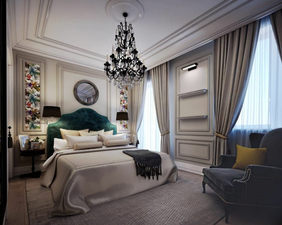 Спальня в неоклассическом стиле в серых тонах
