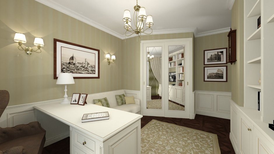 Домашний кабинет в классическом стиле в белом цвете