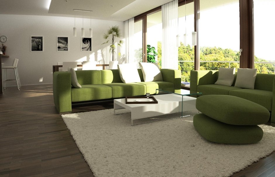 Светлая гостиная с зеленым диваном