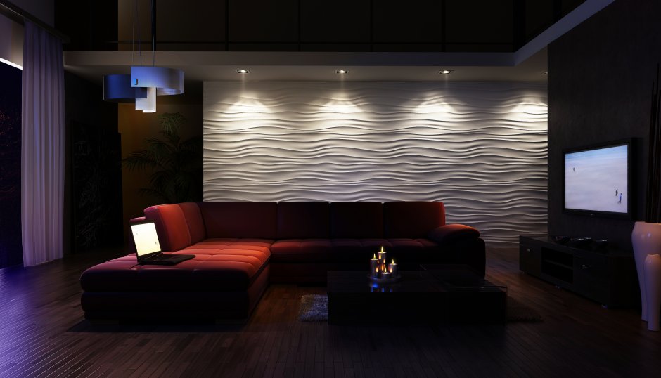 Гипсовые панели с подсветкой в интерьере гостиной