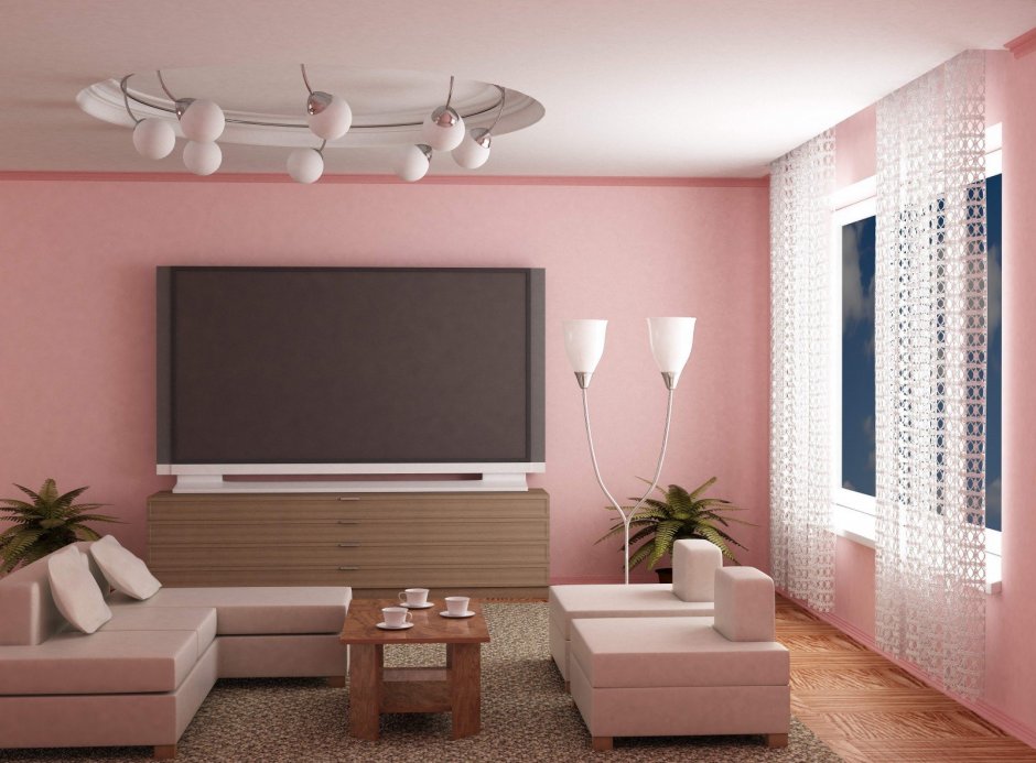 Розовые стены в гостиной