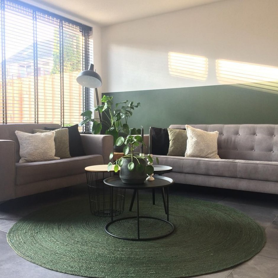 Интерьер гостинной с зеленым ковром