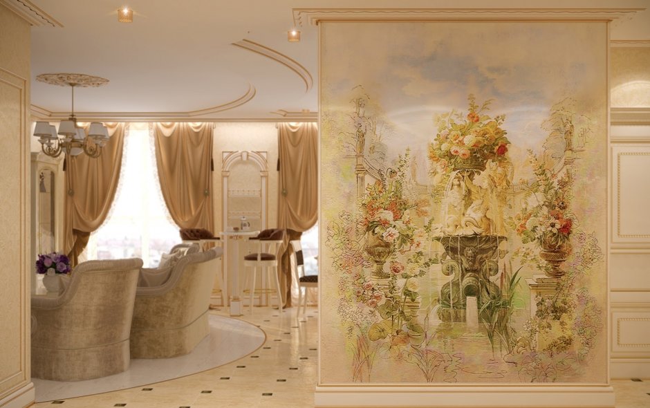Фреска в интерьере гостиной в классическом стиле