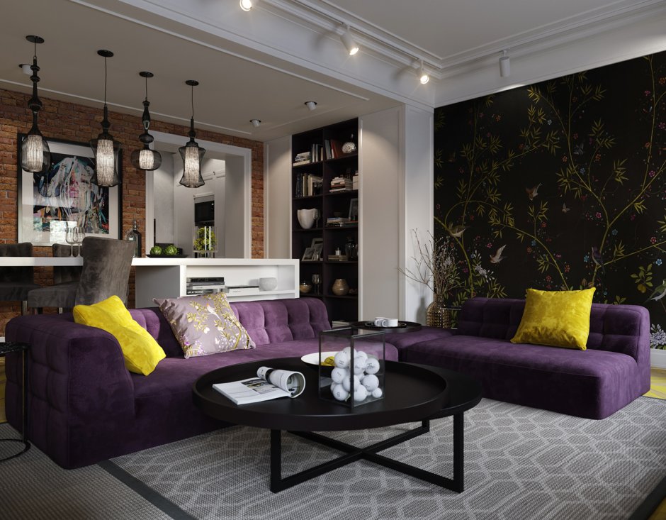 Интерьер лофт с фиолетовым диваном