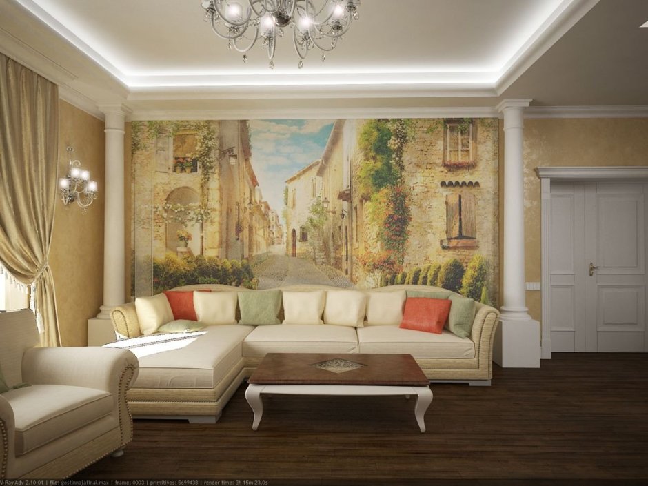 Фреска в интерьере гостиной в стиле