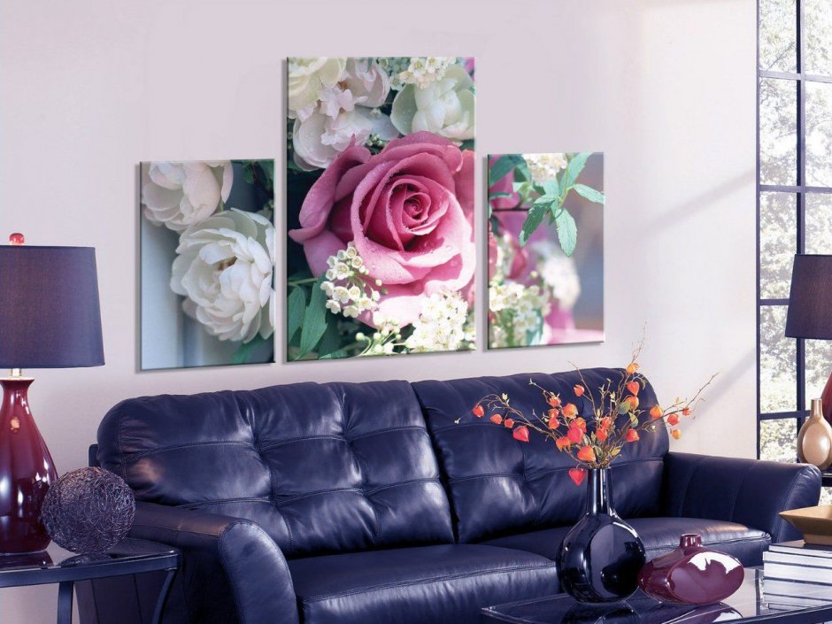 Картины с цветами в интерьере гостиной (35 фото)