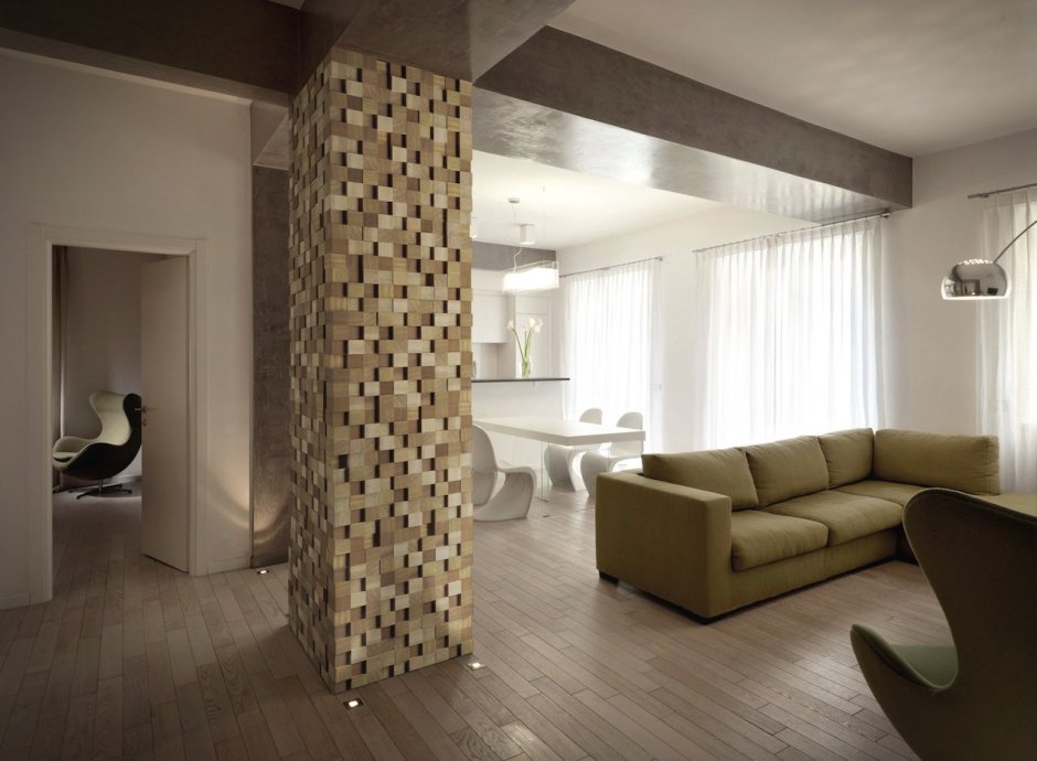 Деревянная мозаика в интерьере гостиной