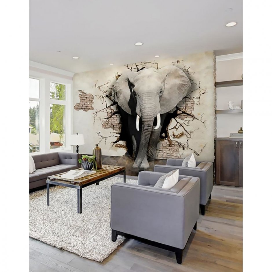 Фреска слон в интерьере гостиной в современном стиле