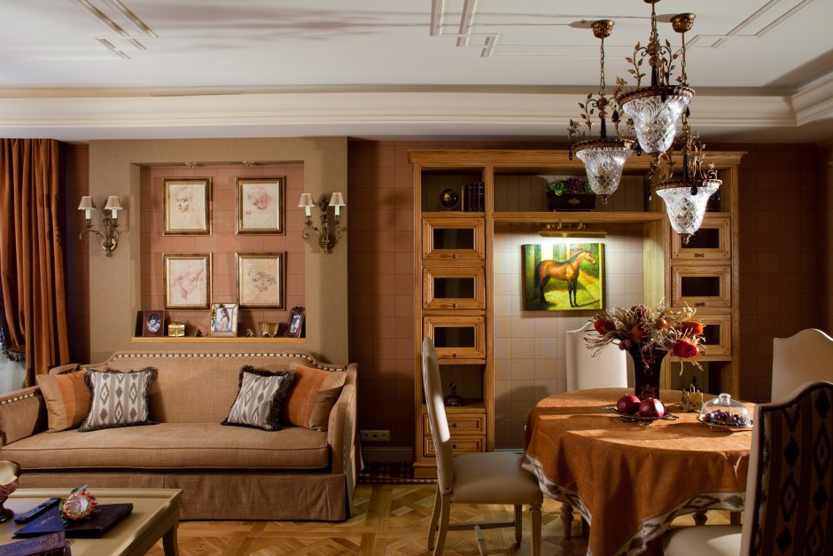 Уютная гостиная в коричневых тонах