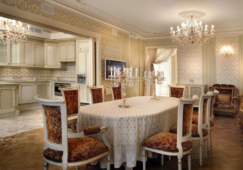 Кухня столовая гостиная в классическом стиле