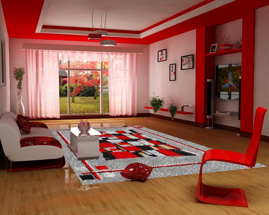 Красный ковер в интерьере гостиной