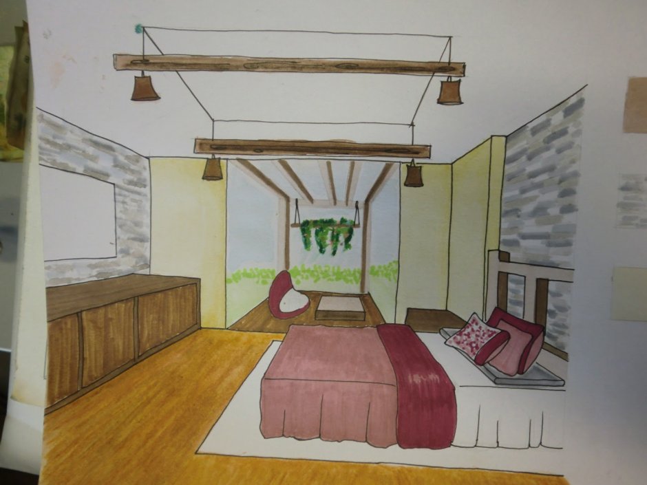 Перспектива комнаты с двумя кроватями