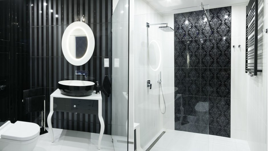 Черно белый декор ванной комнаты