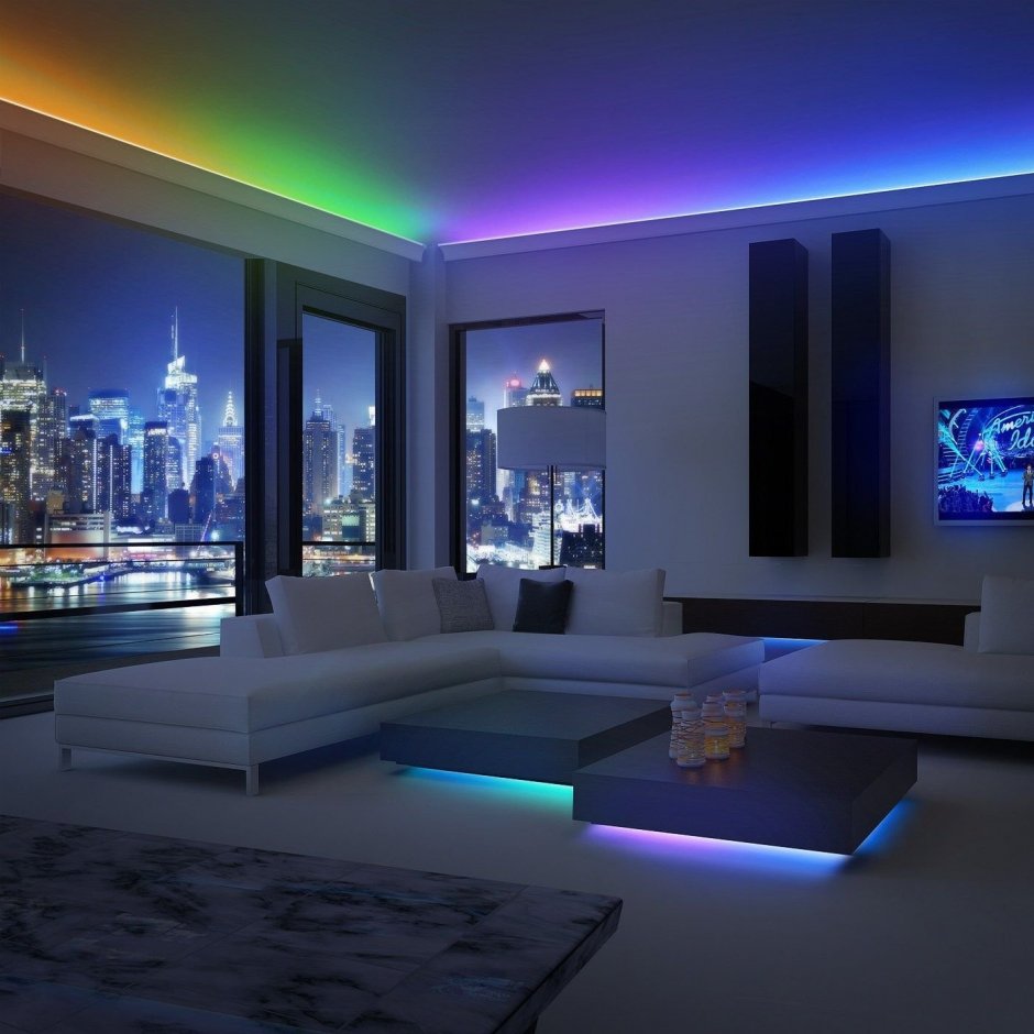 Уютная комната с неоновыми подсветками