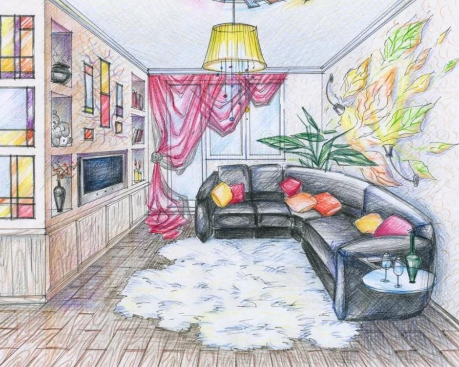 Эскиз интерьера своей комнаты в цвете красками.