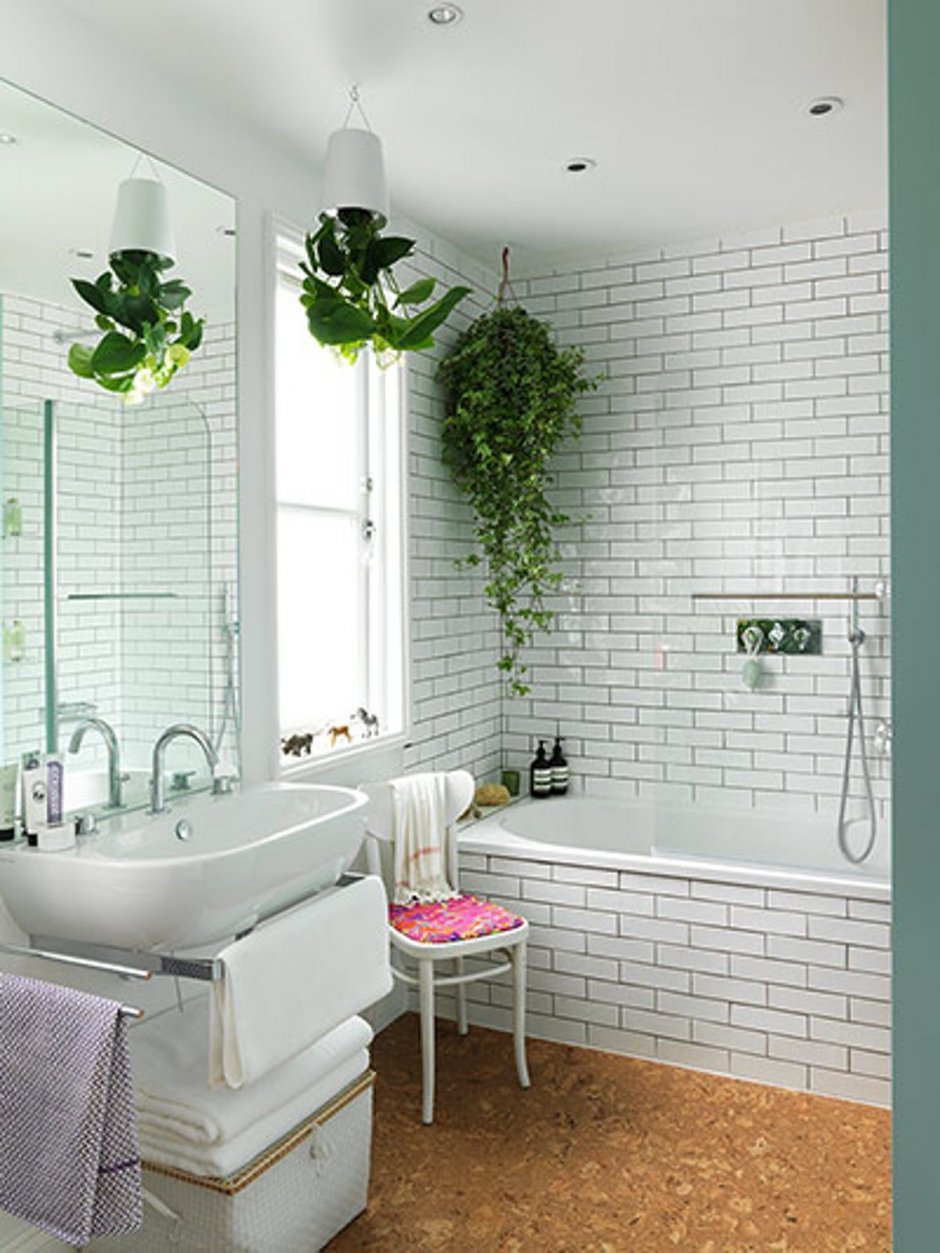 Белая ванная комната с растениями