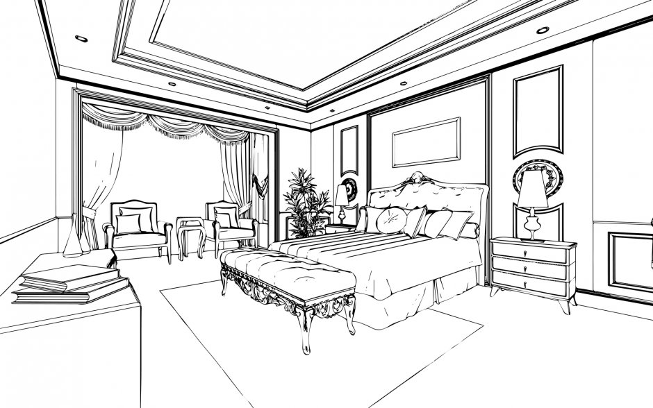 Эскиз интерьера спальни черно белый