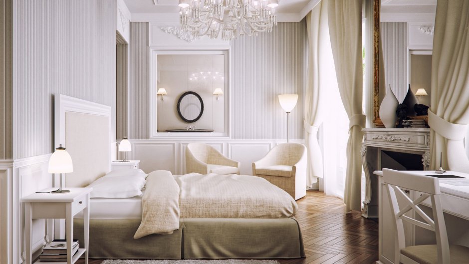 Белая спальня в пастельных тонах