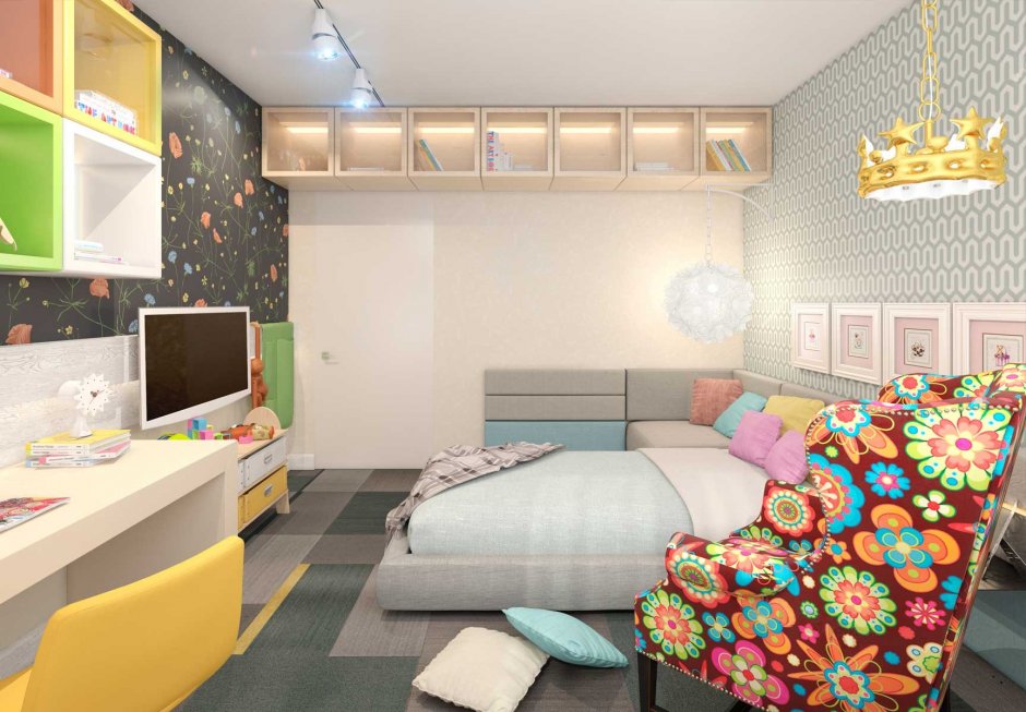 Диван и кровать в детской комнате расстановка
