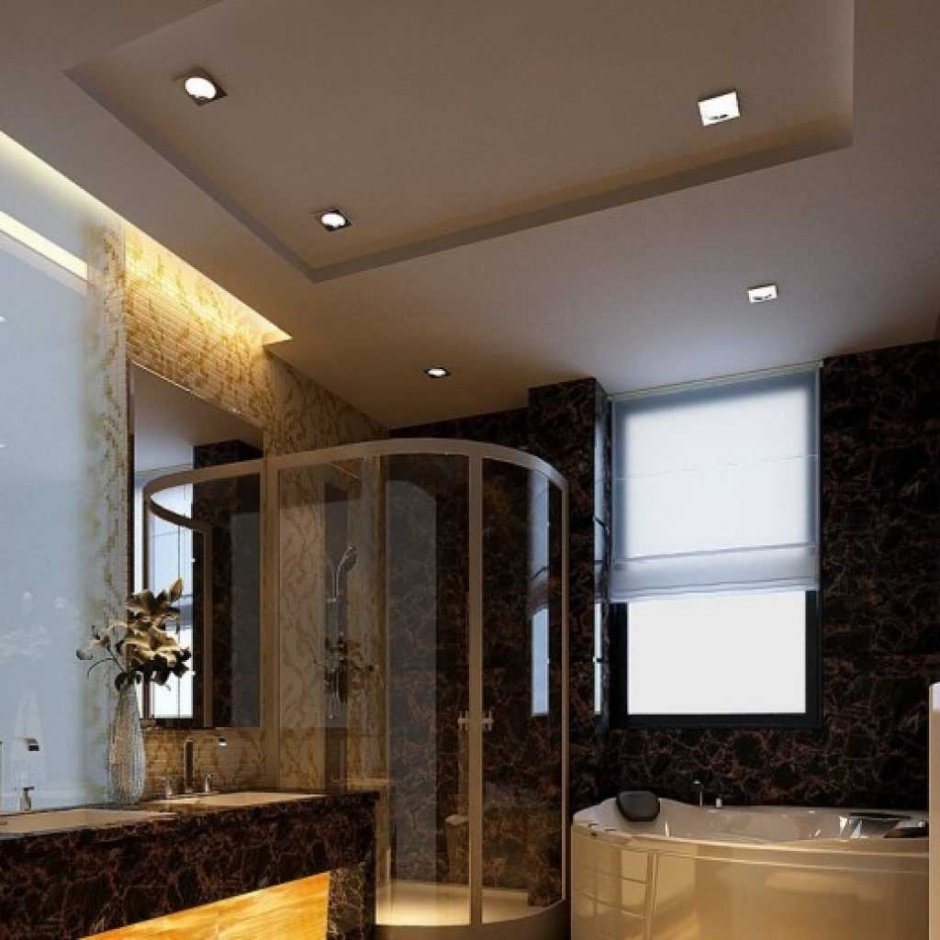 Потолок в ванной из гипсокартона с подсветкой
