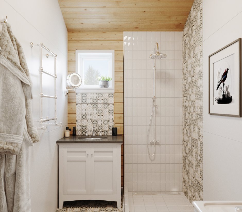 Ванная комната в деревянном доме в скандинавском стиле