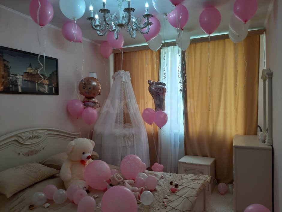 Украшение комнаты шарами на выписку из роддома девочка