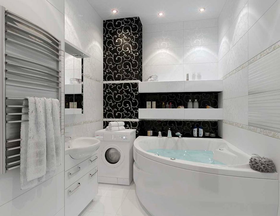 Ванная комната 10 кв м с угловой ванной в скандинавском стиле